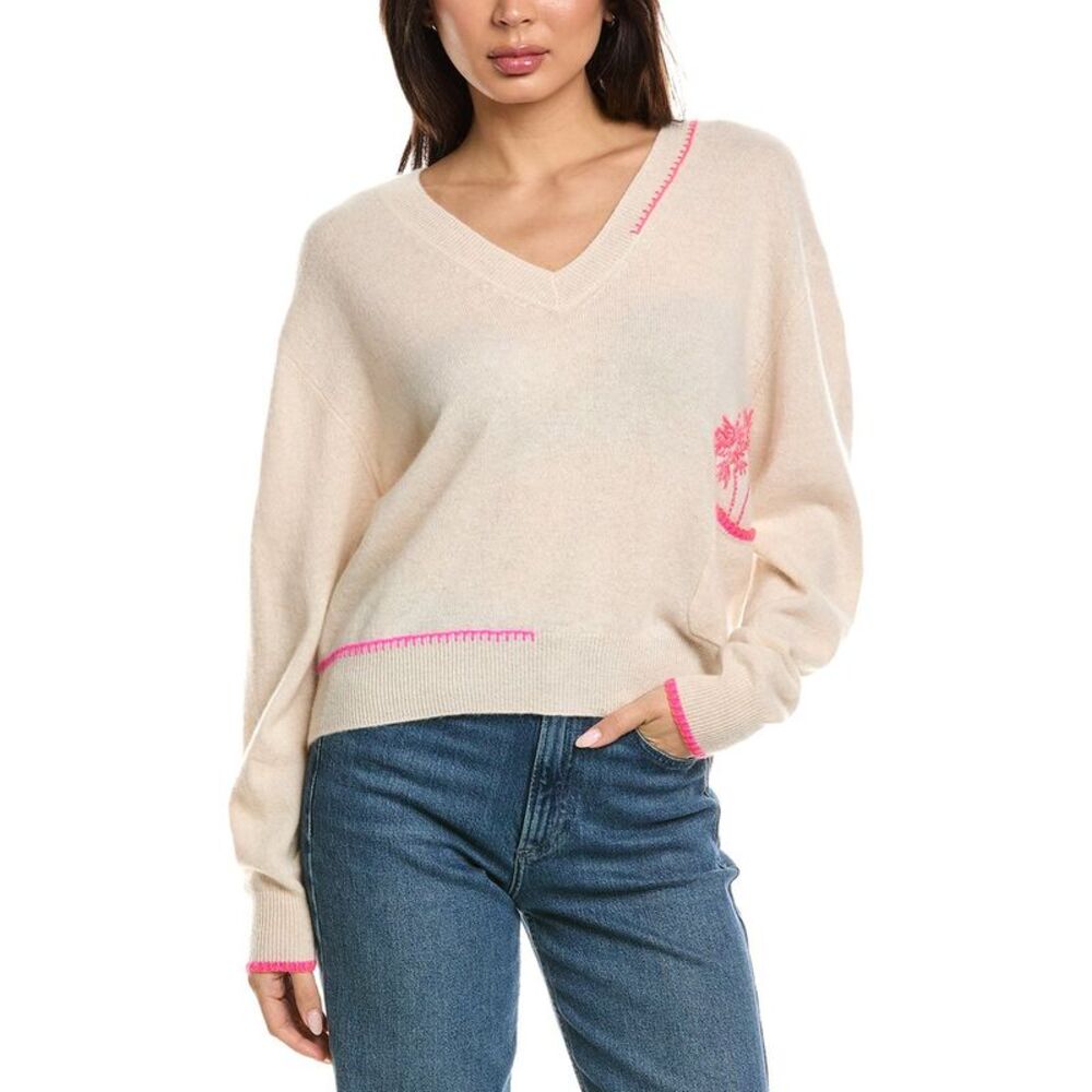 Brodie Cashmere Womens  Palm Pocket V-Neck 100% Cashmere Sweater, White